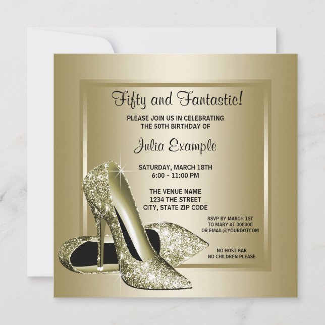 Invitación Elegante fiesta de cumpleaños de talón alto de oro (Anverso)