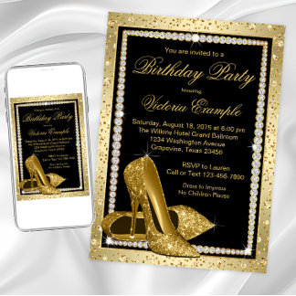 Invitación Elegante fiesta de cumpleaños de talón alto de oro