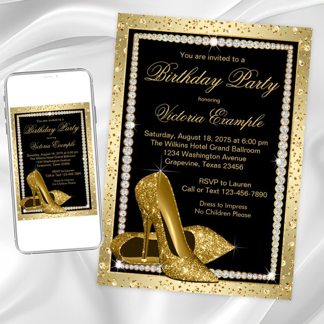 Invitación Elegante fiesta de cumpleaños de talón alto de oro (Black and gold diamond any occasion invitation. Instant download and printed invitations available.)