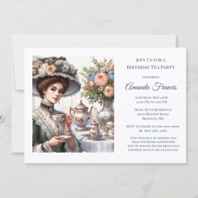 Invitación Elegante Fiesta de Cumpleaños de Té Victoriano (Anverso)