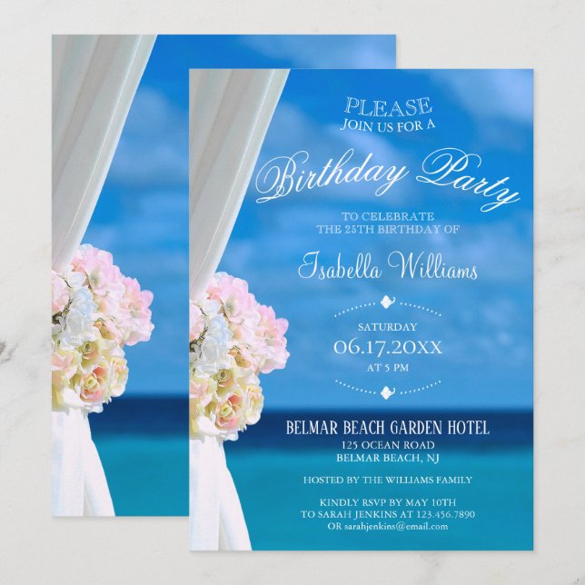 Invitación Elegante fiesta de cumpleaños de verano de Floral  (Anverso / Reverso)