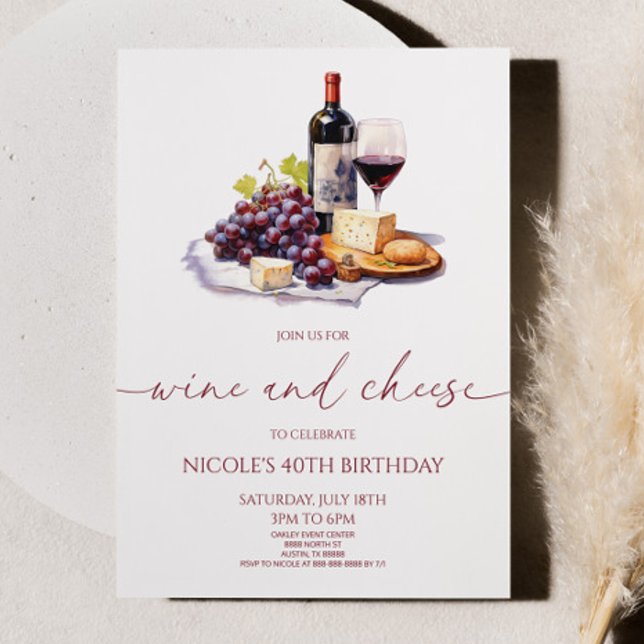 Invitación Elegante fiesta de cumpleaños de vino rojo y queso (Subido por el creador)