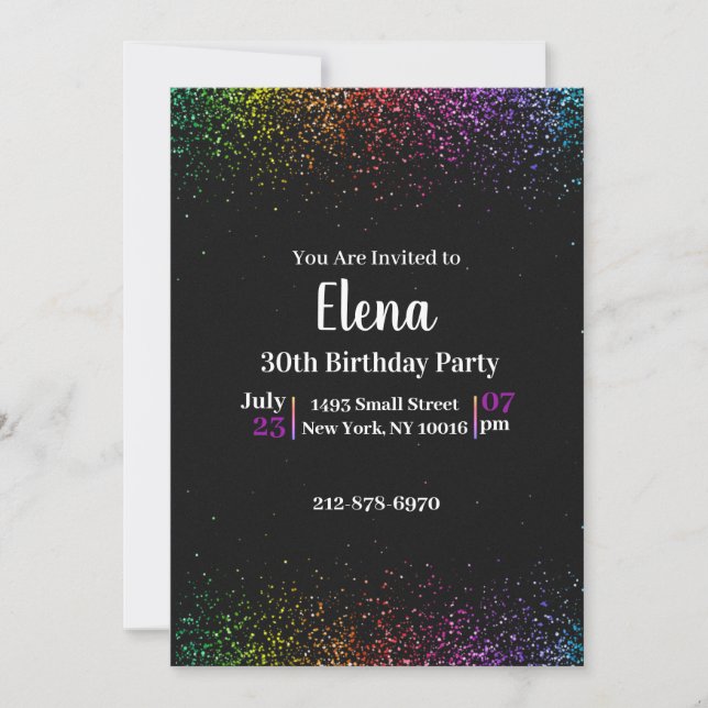 Invitación Elegante fiesta de cumpleaños del arco iris negro (Anverso)