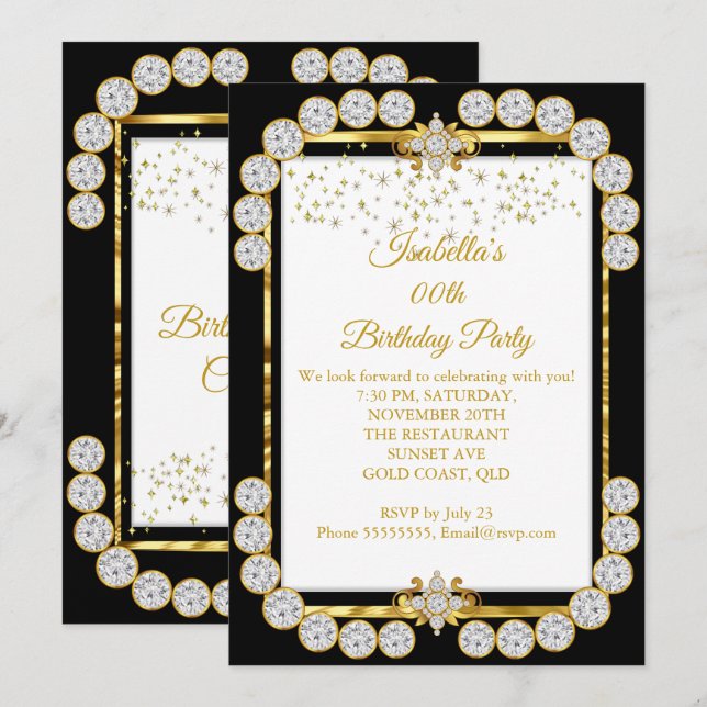 Invitación Elegante fiesta de cumpleaños del diamante negro b (Anverso / Reverso)