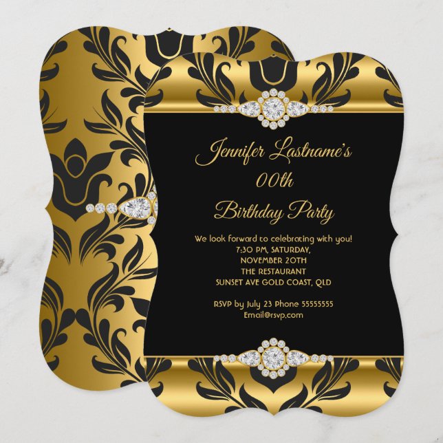 Invitación Elegante Fiesta de cumpleaños del diamante negro d (Anverso / Reverso)
