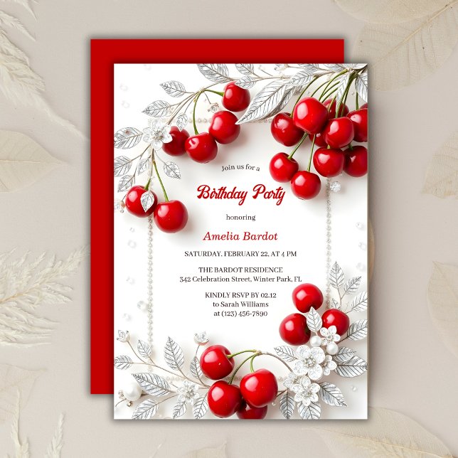 Invitación Elegante fiesta de cumpleaños del floral rojo del  (Elegant Silver Floral Red Cherry Birthday Party Invitation)