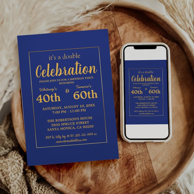 Invitación Elegante fiesta de cumpleaños del marco azul y oro (Subido por el creador)