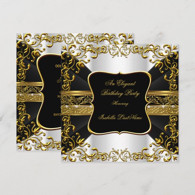 Invitación Elegante fiesta de cumpleaños del Ornato Blanco de (Anverso / Reverso)