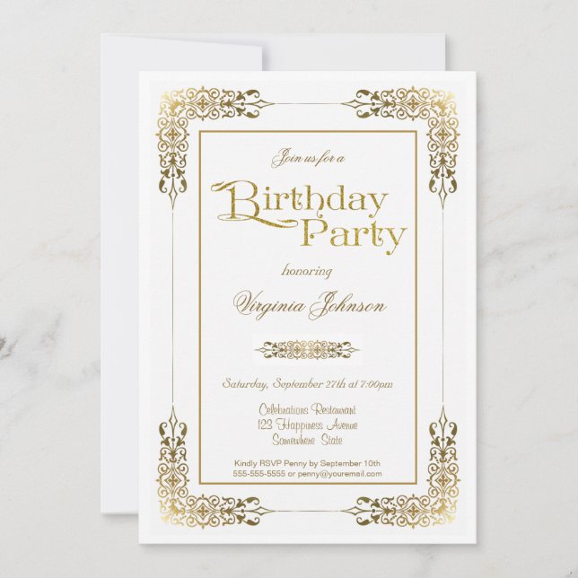Invitación Elegante fiesta de cumpleaños del ornato de oro (Anverso)