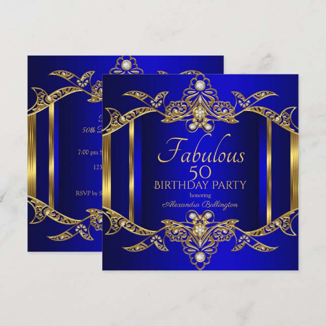 Invitación Elegante fiesta de cumpleaños del oro azul real (Anverso / Reverso)
