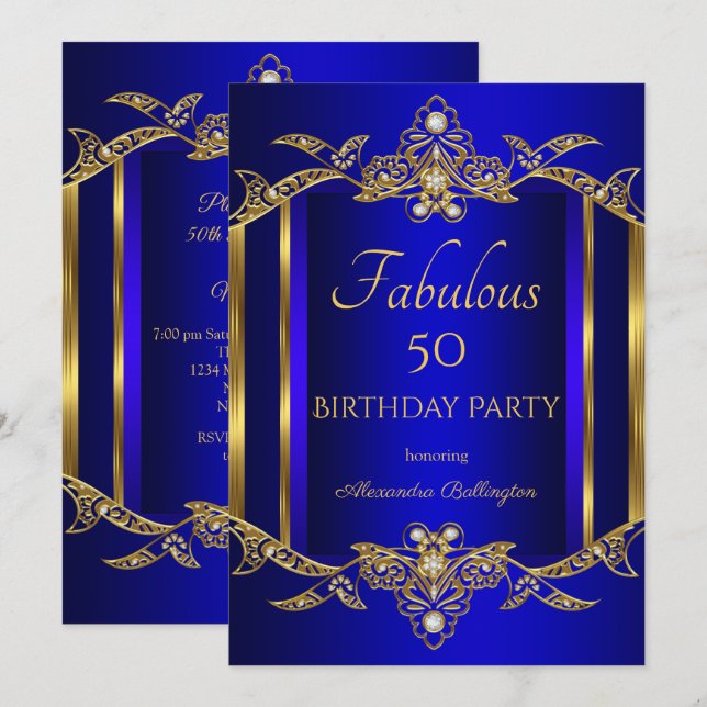 Invitación Elegante fiesta de cumpleaños del oro azul real (Anverso / Reverso)