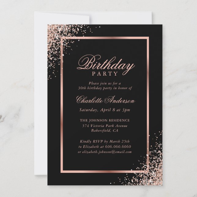 Invitación Elegante fiesta de cumpleaños del Rosa negro de or (Anverso)