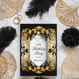 Invitación Elegante fiesta de cumpleaños diamante floral negr