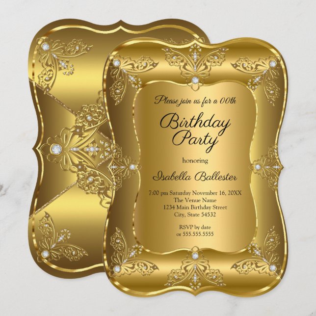 Invitación Elegante Fiesta de Cumpleaños Dorada Elite Diamant (Anverso / Reverso)
