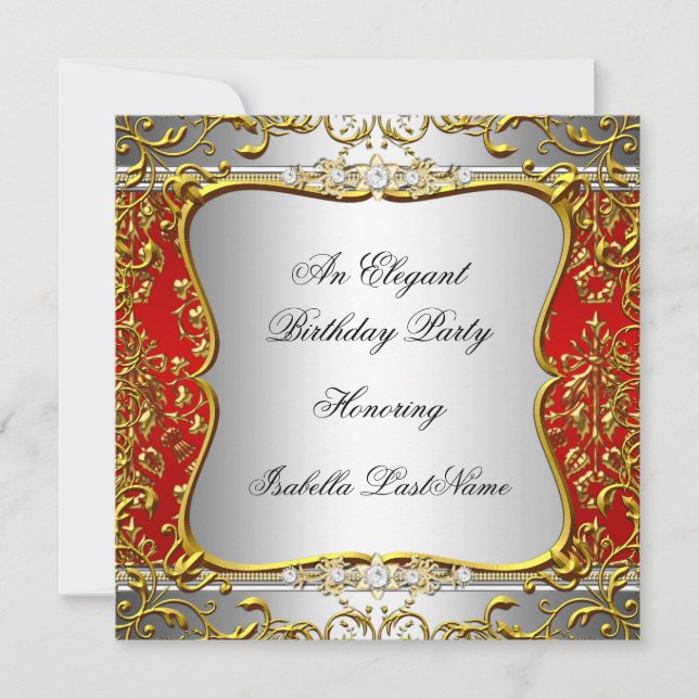 Invitación Elegante fiesta de cumpleaños dorado Red Damask Si (Anverso)