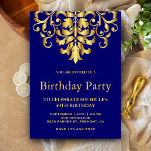 Invitación Elegante Fiesta de Cumpleaños en Azul Real y Dorad