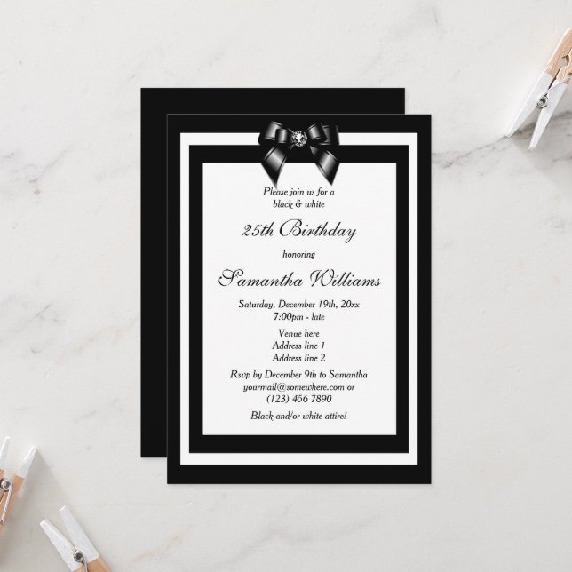 Invitación Elegante fiesta de cumpleaños en blanco y negro (Anverso/Reverso In Situ)