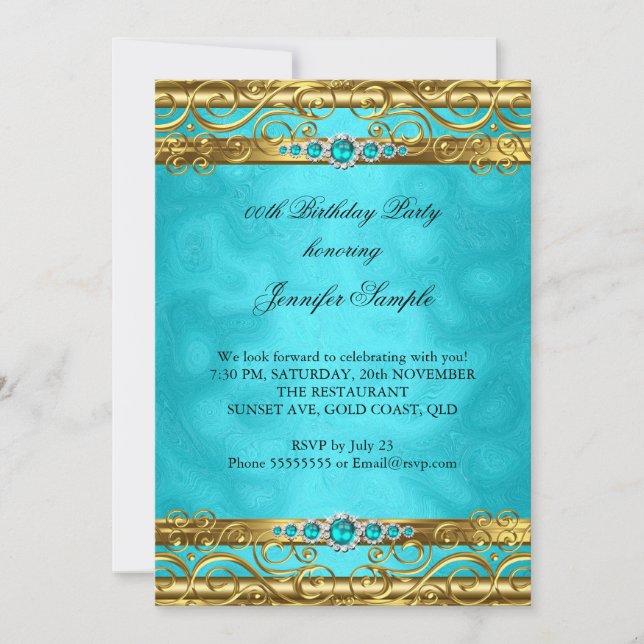 Invitación Elegante Fiesta de Cumpleaños en Damasco de Oro y  (Anverso)