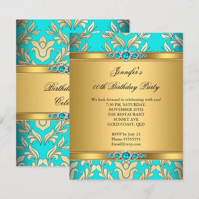 Invitación Elegante Fiesta de Cumpleaños en Damasco de Oro y  (Anverso / Reverso)