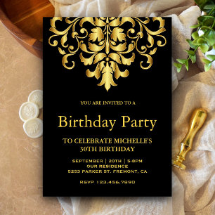 Invitación Elegante fiesta de cumpleaños en negro y dorado co