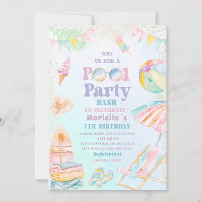 Invitación Elegante Fiesta de Cumpleaños en Piscina con Acuar (Anverso)
