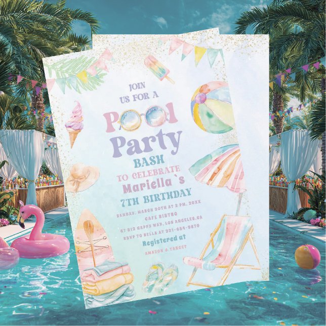 Invitación Elegante Fiesta de Cumpleaños en Piscina con Acuar (Subido por el creador)