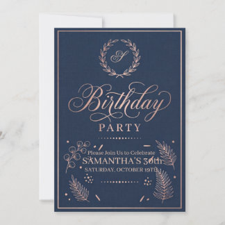 Invitación Elegante fiesta de cumpleaños en rosa oro y azul m