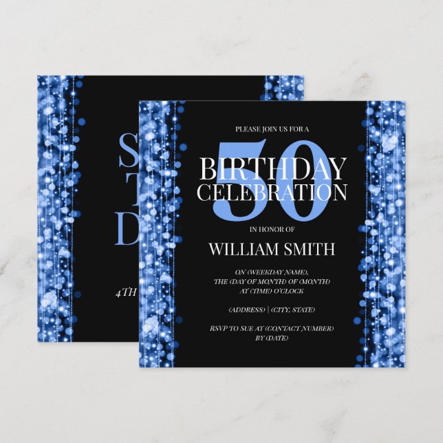Invitación Elegante fiesta de cumpleaños esparce azul (Anverso / Reverso)