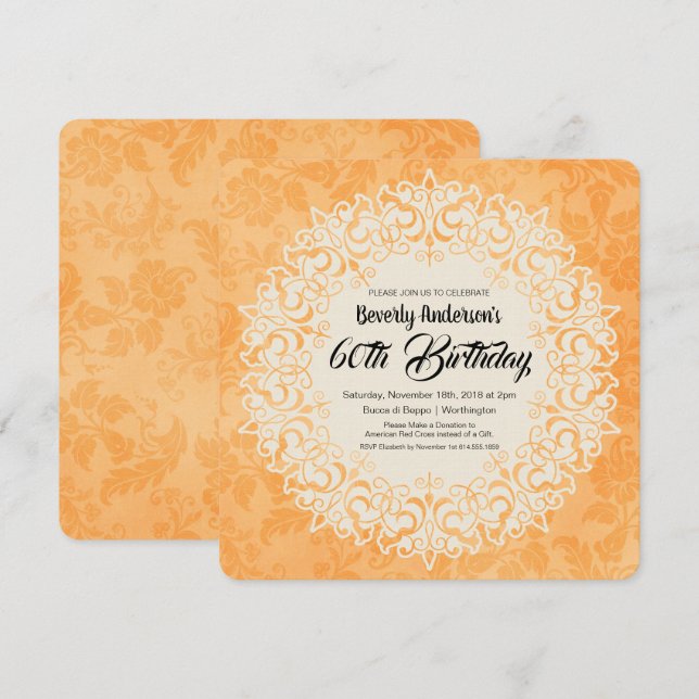 Invitación Elegante fiesta de cumpleaños estilo Damasco dorad (Anverso / Reverso)
