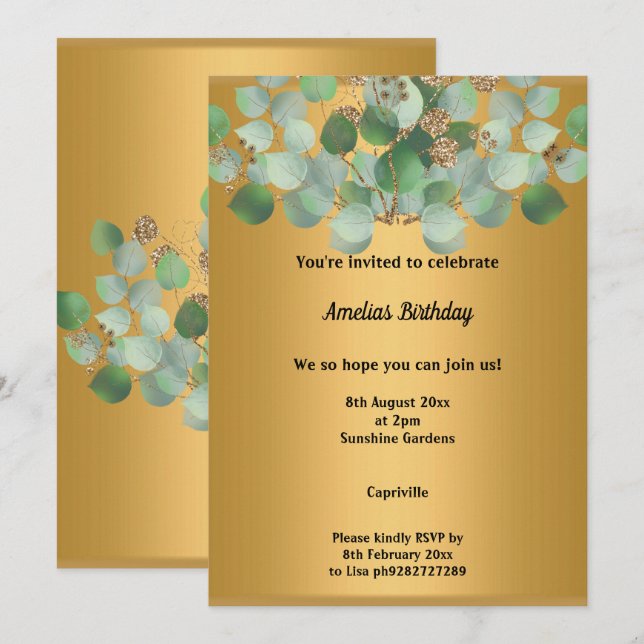 INVITACIÓN ELEGANTE FIESTA DE CUMPLEAÑOS EUCALYPTUS GOLD SAGE (Anverso / Reverso)