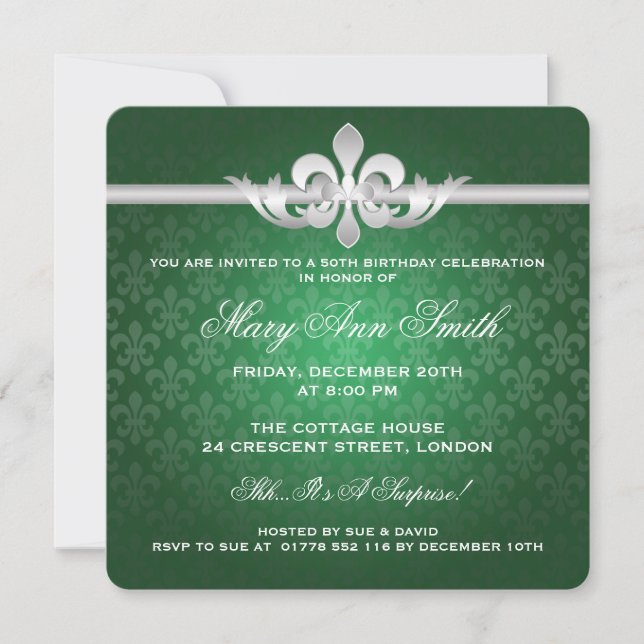 Invitación Elegante Fiesta de Cumpleaños Fleur De Lis Green (Anverso)