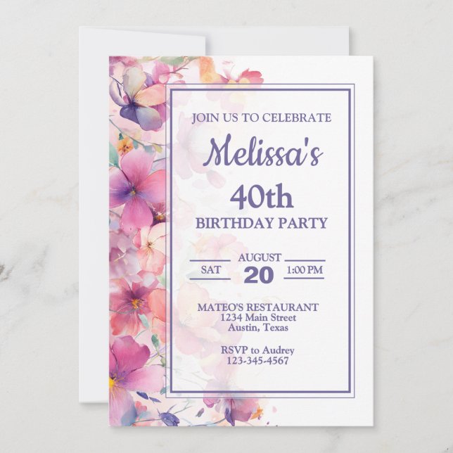 Invitación Elegante fiesta de cumpleaños floral (Anverso)