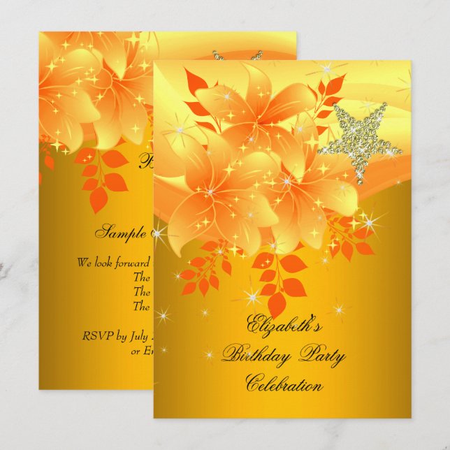Invitación Elegante Fiesta de Cumpleaños Floral Amarillo para (Anverso / Reverso)