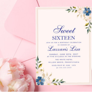 Invitación Elegante fiesta de cumpleaños floral azul dulce di