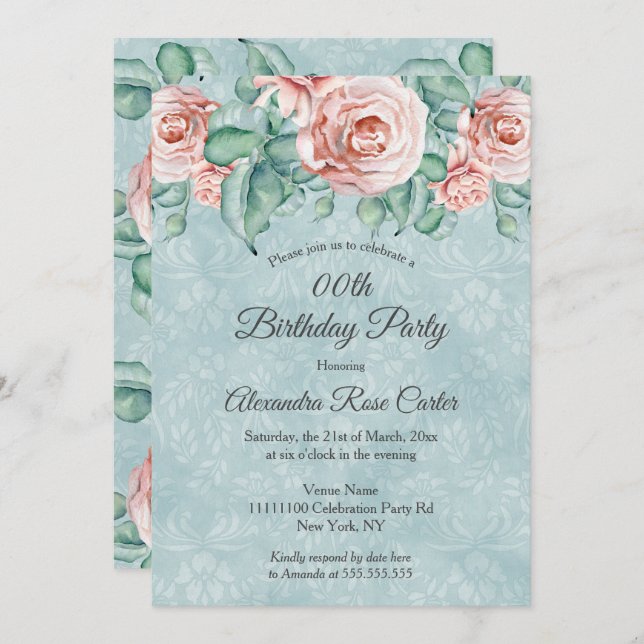 Invitación Elegante fiesta de cumpleaños floral azul rosa azu (Anverso / Reverso)