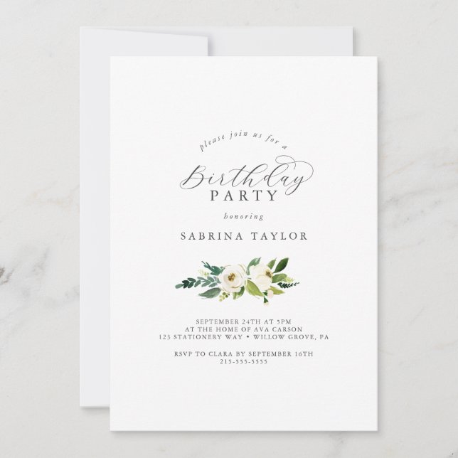 Invitación Elegante fiesta de cumpleaños floral blanca (Anverso)