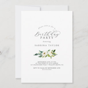 Invitación Elegante fiesta de cumpleaños floral blanca