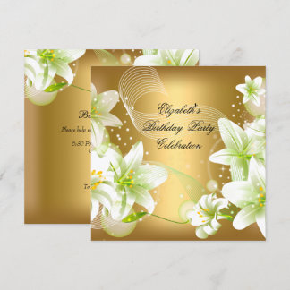Invitación Elegante Fiesta de Cumpleaños Floral Blanco Dorado