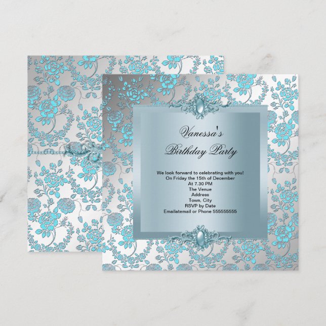 Invitación Elegante fiesta de cumpleaños floral Blue Damask (Anverso / Reverso)