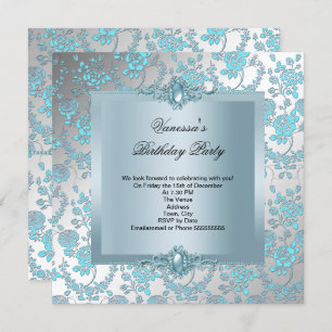 Invitación Elegante fiesta de cumpleaños floral Blue Damask