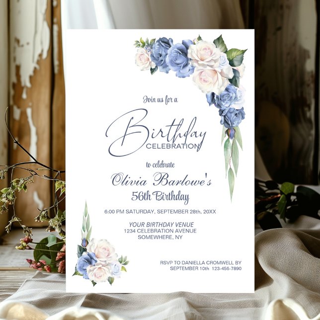 Invitación Elegante fiesta de cumpleaños floral Blue Rose Whi (Subido por el creador)