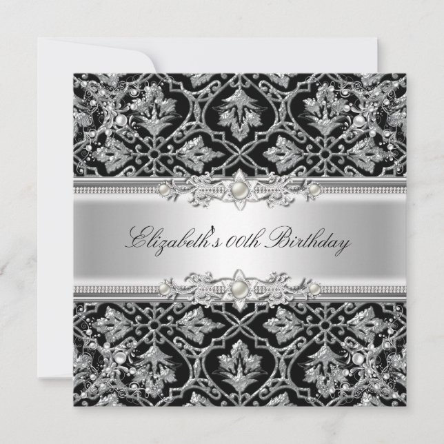 Invitación Elegante fiesta de cumpleaños floral Damask Black  (Anverso)