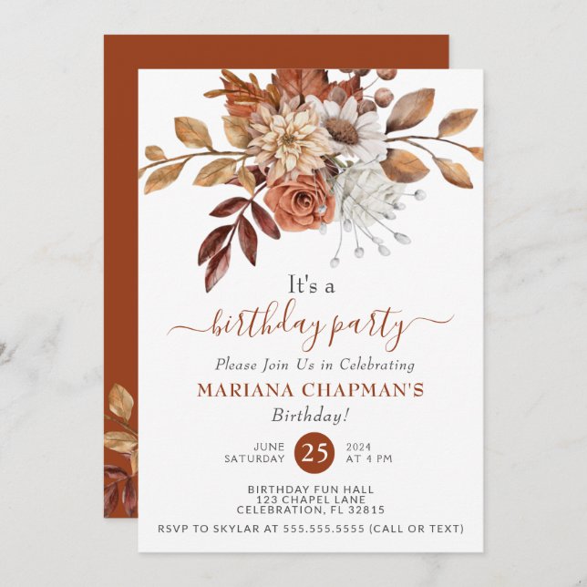 Invitación Elegante fiesta de cumpleaños floral de acuarela d (Anverso / Reverso)
