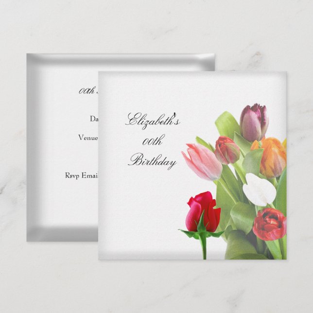 Invitación Elegante fiesta de cumpleaños floral de flores (Anverso / Reverso)