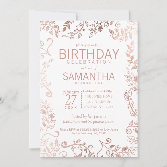 Invitación Elegante fiesta de cumpleaños floral de oro de la  (Anverso)