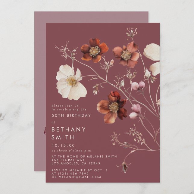 Invitación Elegante fiesta de cumpleaños floral de otoño (Anverso / Reverso)