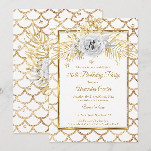 Invitación Elegante fiesta de cumpleaños floral de rosa blanc (Anverso / Reverso)