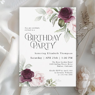 Invitación Elegante fiesta de cumpleaños floral de rosa con a
