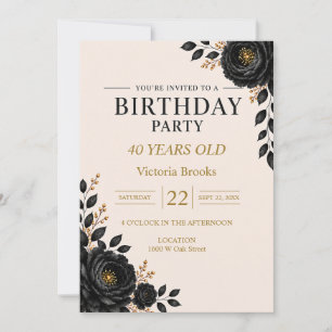 Invitación Elegante Fiesta de Cumpleaños Floral Negro