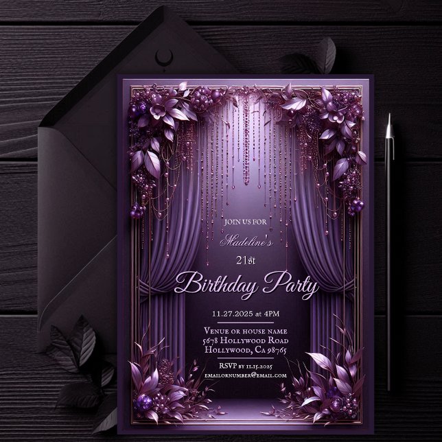 Invitación Elegante fiesta de cumpleaños floral púrpura (Elegant Floral Amethyst Purple Birthday Party Invitation)